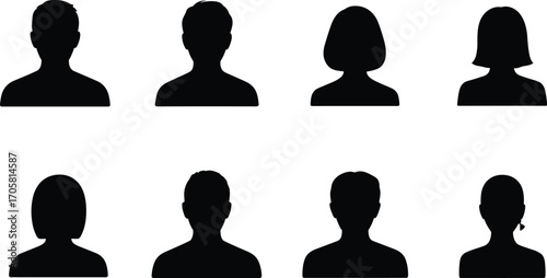 Set of diverse male and female silhouette headshots and shoulders vector illustration