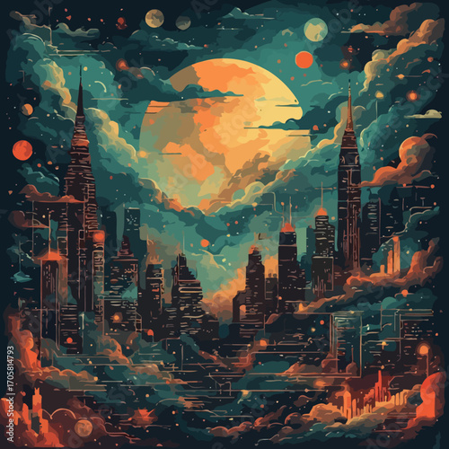 A surreal, dreamlike cityscape under a giant, glowing moon with swirling clouds and distant planets.