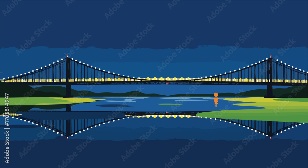 Fototapeta premium Twilight Bridge Reflection: A serene, twilight scene unfolds as a majestic bridge is mirrored in the calm waters beneath.
