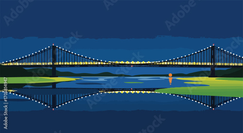 Twilight Bridge Reflection: A serene, twilight scene unfolds as a majestic bridge is mirrored in the calm waters beneath.