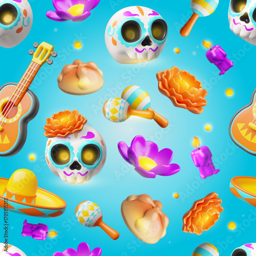Mexican culture Dia de Los Muertos day symbols 3D vector seamless pattern design, Calavera painted sugar skull, marigold