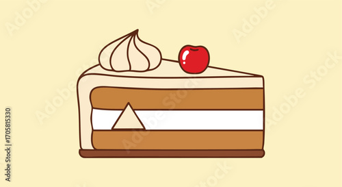 Slice of Delight: A tempting slice of cake, adorned with creamy frosting and a vibrant cherry, sits invitingly, ready to deliver a moment of sweet pleasure.
