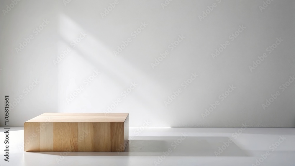Fototapeta premium A simple wooden block sits on a pristine white surface, bathed in soft, natural light illuminating a minimalist interior scene