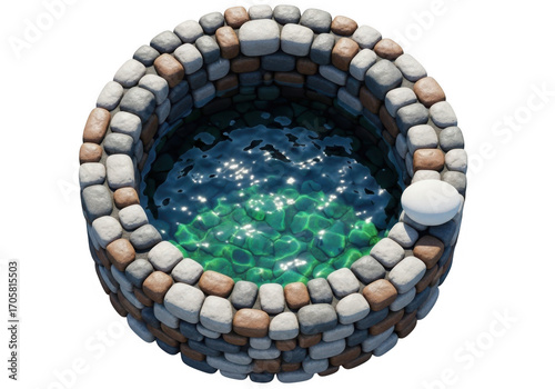 A stone wishing well with clear water inside it isolated on transparent background