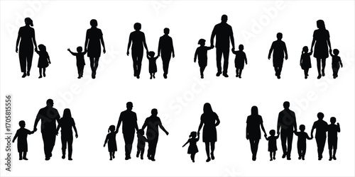 Silhouettes of families walking together holding hands with children on white background Keywords: family, father, mother, child