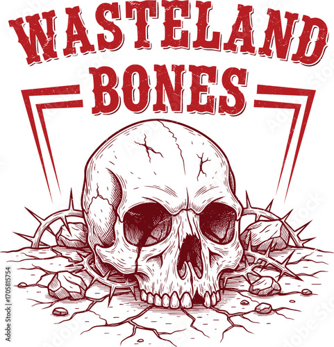 Wasteland Skull Illustration with Cracked Earth and Thorns – "Wasteland Bones" Vintage Post-Apocalyptic Art