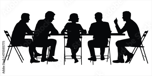 Silhouettes of five people sitting around a table on a white background Keywords: silhouette, people, group, sitting, table