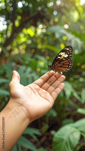 A hand holds a butterfly in a lush green garden