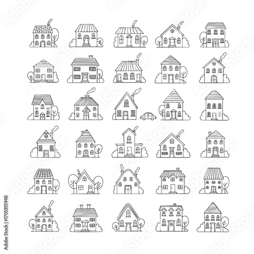 A large set of thirty handdrawn house and building icons illustrated in a simple black and white doodle line art style.