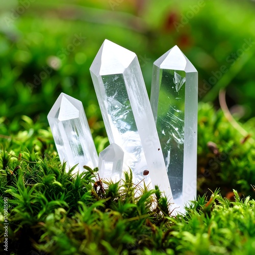 Clear quartz crystals on moss