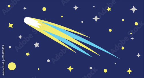 Cosmic Trail: A vibrant comet streaks across a deep blue expanse, leaving a vivid trail of light amidst the glittering stars, inviting contemplation of the universe's wonders.