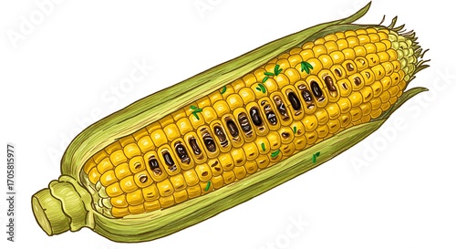 Grilled corn on the cob with husk partially removed