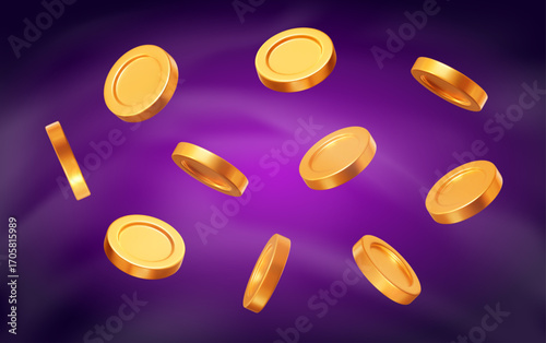 3d flying gold shiny coins on purple isolated background. Rich or casino luck concept. Precious expensive treasure. Stock vector illustration.