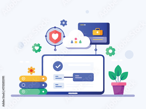Secure cloud login screen interface with protection shield and data access technology concept