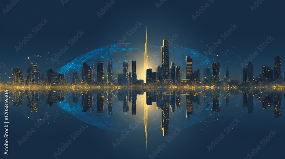 Fototapeta premium Sunshine in the Smart digital Innovation city with connection network reciprocity over the cityscape. of future smart wireless digital city and social media networking systems that connects peo