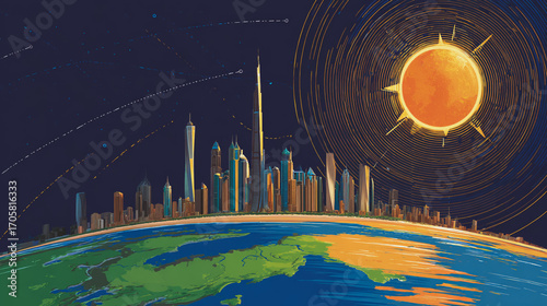 Sunshine in the Smart digital Innovation city with connection network reciprocity over the cityscape. of future smart wireless digital city and social media networking systems that connects peo