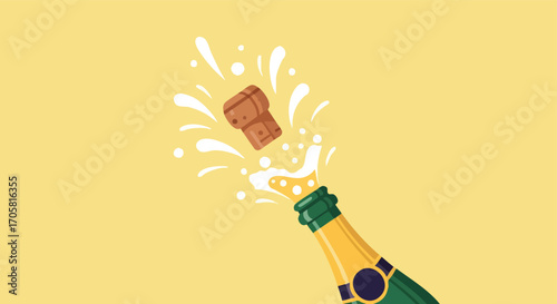Celebratory Champagne Moment: A celebratory cartoon illustrating a champagne bottle erupting, with a cork popping and effervescent bubbles exploding, creating a festive visual.
