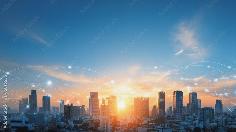 Fototapeta premium Sunshine in the Smart digital Innovation city with connection network reciprocity over the cityscape. of future smart wireless digital city and social media networking systems that connects peo