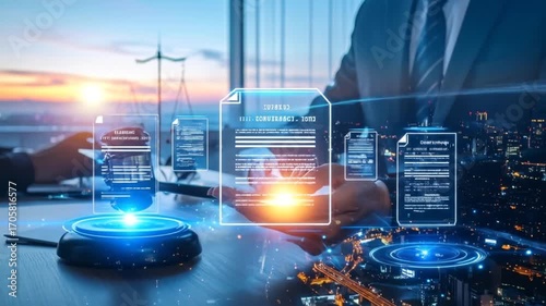 Futuristic legal technology innovation displays modern law contract management