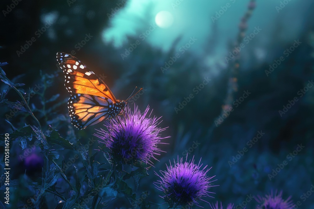 Obraz premium A monarch butterfly rests on a vibrant purple thistle flower under a twilight sky.