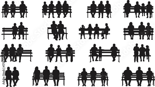 Silhouettes of people sitting on park benches in various group configurations on white background vector