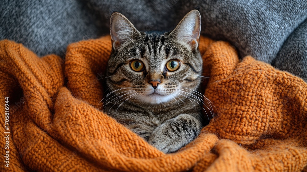Naklejka premium Cozy tabby cat nestled in a warm orange knit blanket, looking directly at the camera.