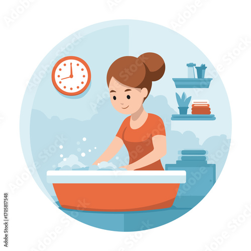A woman checks the water in a baby's bath.