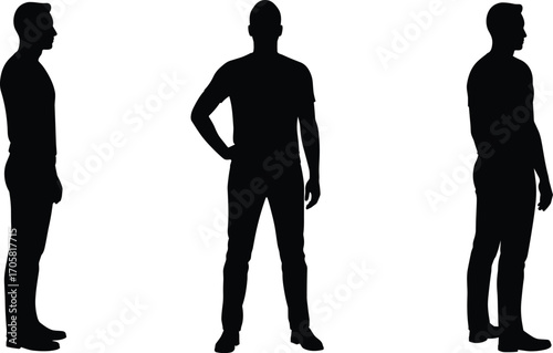 Three Male Silhouettes Standing Facing Left Center and Right on White Background Keywords: man, male, silhouette, standing
