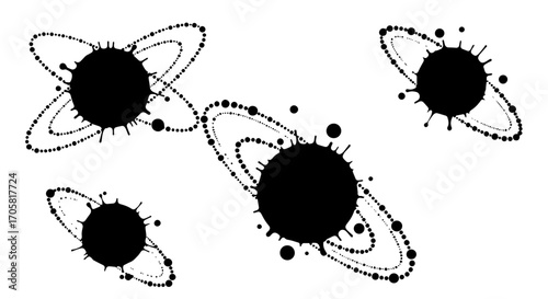 Abstract black ink splatters form chaotic celestial bodies, each orbited by its own system of delicate, dotted rings.