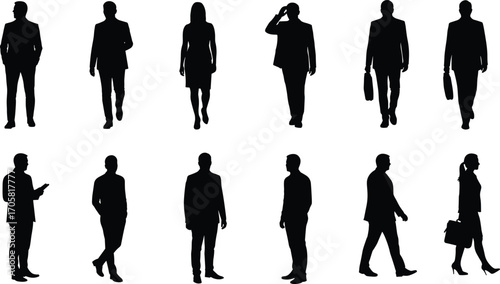 Twelve Business People Silhouettes In Various Poses On White Background woman