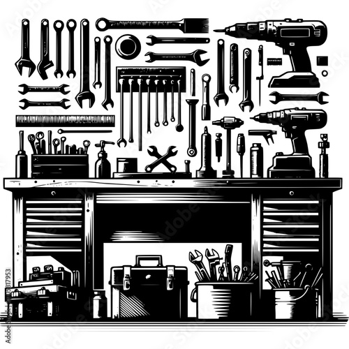 Tools and Workbench: A well-organized workbench, meticulously arranged with a variety of essential tools, exemplifies the craftsmanship and precision of mechanical work.