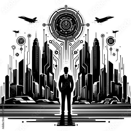 Cyber City Visionary: A silhouette of a confident individual stands at the forefront, gazing upon a futuristic city interconnected by digital pathways, with jets soaring above.