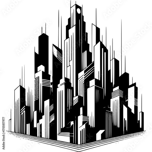 Art Deco Cityscape: This image presents a stylized, geometric rendition of a cityscape, evoking a sense of urban sophistication.