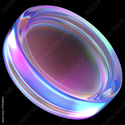 Realistic vector 3D holographic iridescent glass coin purple glare effect, transparent crystal game token, casino chip