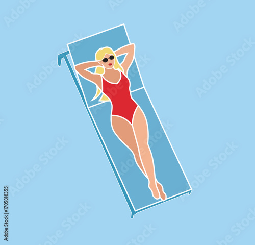 Sunbather Transparent Vector svg holiday vacations red white blue outlined illustration isolated asset pool relaxation object leisure travel minimal simple art shape sunbathing woman in swimsuit calm