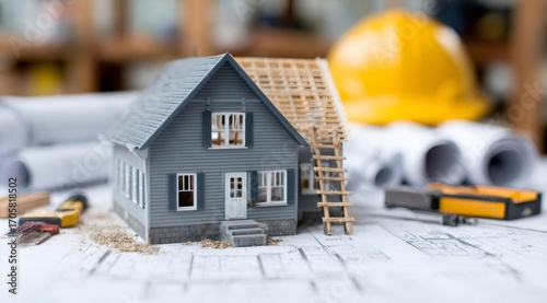 Architectural model of a house under construction with blueprints and tools