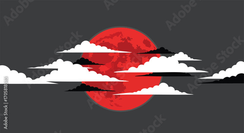 Red Moon's Embrace: A dramatic, stylized illustration featuring a vibrant red moon veiled by layers of meticulously drawn clouds against a contrasting backdrop.