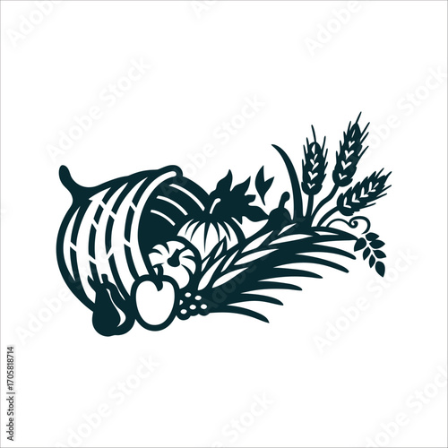 Thanksgiving Cornucopia Silhouette with Harvest Bounty Thanksgiving Cornucopia silhouette overflowing with abstract harvest shapes wheat gourds in burnt orange