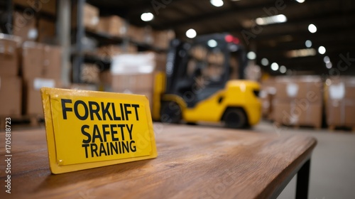 Forklift safety training sign prominently displayed in warehouse