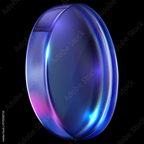 3D vector holographic iridescent glass coin with purple effect, game token, casino chip, realistic crystal circle lens