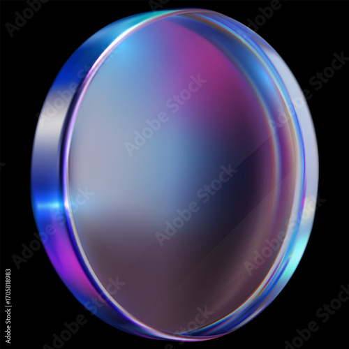 3D vector realistic holographic iridescent glass coin purple effect, game token, casino chip, transparent circle medal
