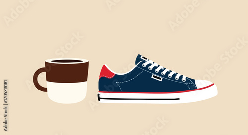 Coffee Mug and Sneaker Illustration: A simple, yet compelling flat vector illustration of a coffee mug alongside a stylish sneaker, evoking the everyday rhythm of life.