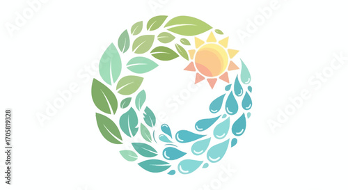 Harmonious circular emblem representing the cycle of life with sun, leaves, and water elements, symbolizing ecology and sustainability