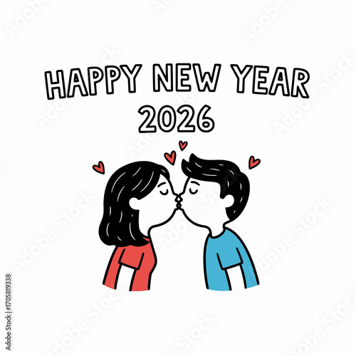 A simple graphic design of a kissing couple, wishing a Happy New Year 2026.