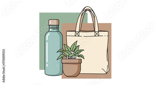 Zero waste essentials concept featuring a reusable water bottle, a canvas tote bag, and a small potted plant illustration