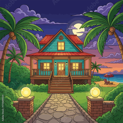 A vibrant colorful illustration of a tropical beach house at night framed by palm trees under a full moon.