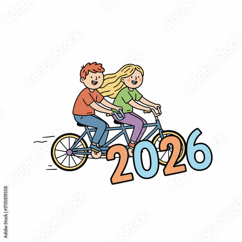 Happy couple riding a tandem bicycle towards 2026.