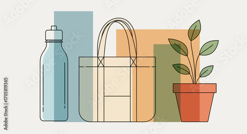 Modern flat line illustration of sustainable lifestyle essentials including a reusable bottle, tote bag, and plant for eco-friendly living