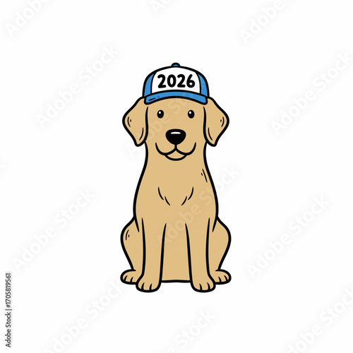 A friendly cartoon Labrador Retriever dog wearing a blue cap with the year 2026 displayed.