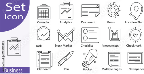 Business Icon Set: Vector Outline Graphics of Calendar, Analytics, Document, Gears, Location Pin, Task, Stock Market, Checklist, & More
